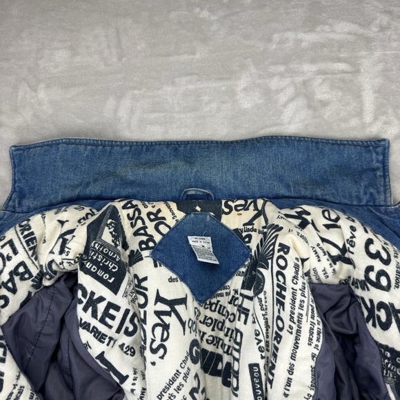 VTG 90s Women's Denim Bomber Jacket AOP Newspaper Print Lined Blue Jean Coat M - Picture 8 of 12